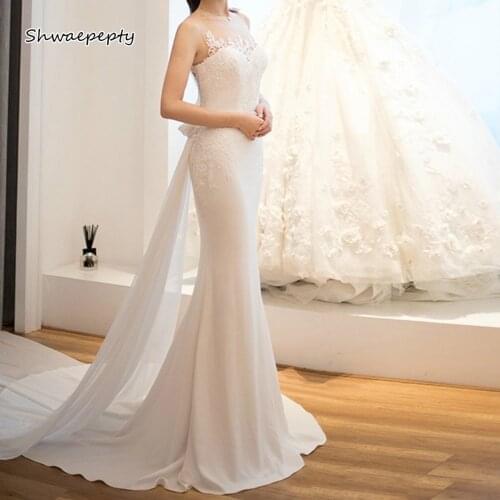 Shwaepepty White Mermaid Wedding Dress Illusion Open Back Lace Appliqued Long Wedding Gowns Bridal Reception Dresses