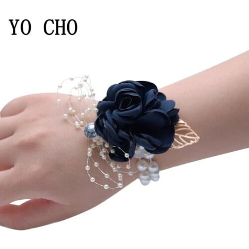 Fabric Rose Flower Head Wedding Bridal Wrist Corsage with Pearl Accessory Bridesmaid Corsage Bracelet Party Decoration Bracelet