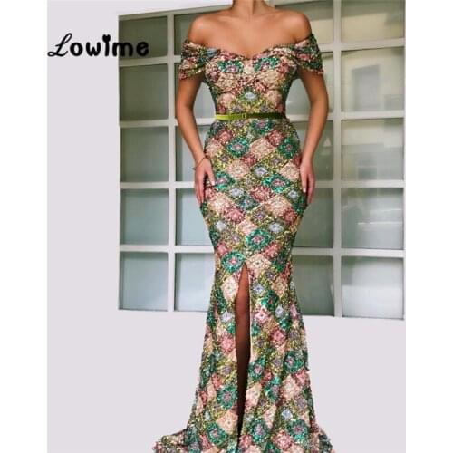 Multi Colored Sequin Mermaid Evening Dress Abiye 2019 Off Shoulder Party Dresses Abendkleider Vestido De Festa Long Prom Dress