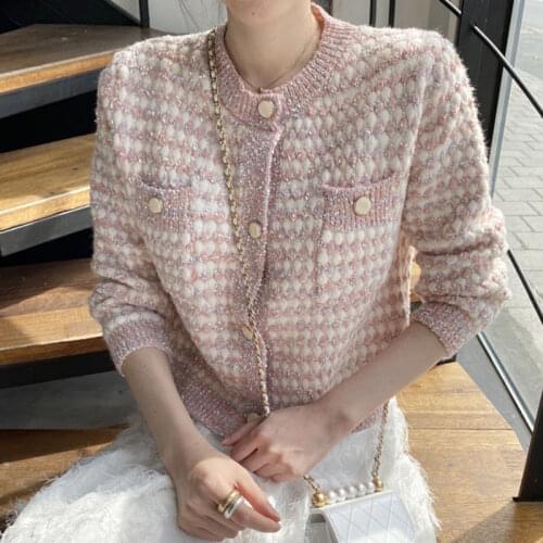 Sueters De Mujer Korean Chic Gentle O Neck Long Sleeve Tweed Cardigan Knitted Pink Plaid Sweater Jacket Fashion Autumn Top