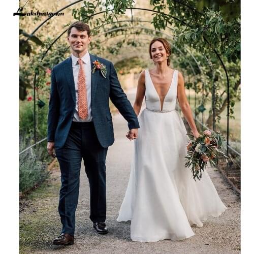 Vestido para boda playa 2021 Outdoor Simple Deep V Neck Backless Belt Wedding Dresses V Shape Back Elegant A line lakshmigown