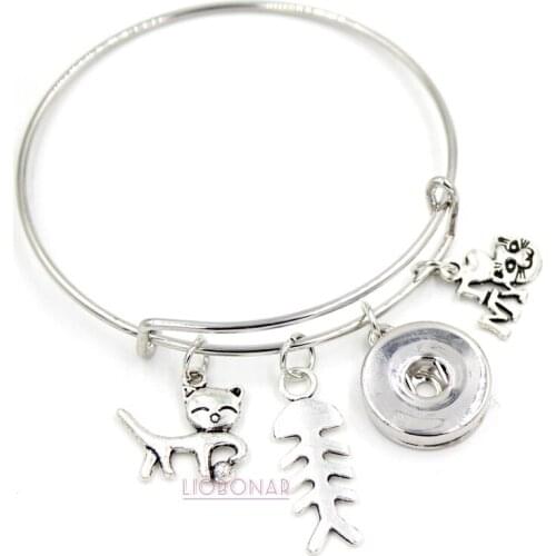 1PC New Arrival Snap Jewelry Animal Bracelet Pet I love Cats Fish Bone Charms Bangle Snap Bracelets for Cat Lover Gifts