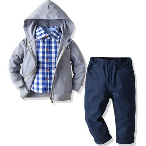 2-6 Years Suit For Boy Kids Clothes Toddler Boy Outfits Grey Hooded Coat + Plaid Shirt + Blue Pants Autumn Costume Children