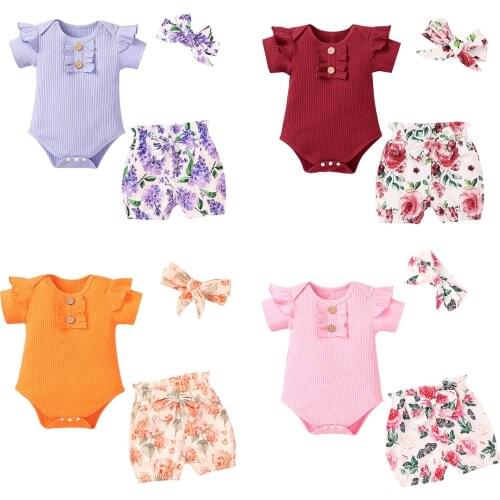 2021-03-11 Lioraitiin 3Pcs Set 0-18M Infant Baby Girl Fashion Summer Clothing Off Shoulder Solid Knitting Romper Floral Shorts