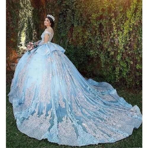 2021 Princess Ball Gown Lace Quinceanera Dresses Sky Blue 15 Sweet 16 Puffy Quinceanera Gown Prom Dresses for 15 Years