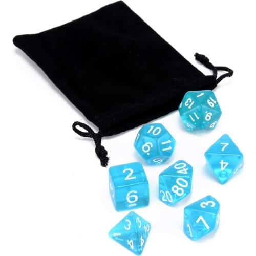 7Pcs Bar Party Games Dices Translucent Polyhedral Blue Dices Set For RPG Game With Dice Bag Outdoor Tools