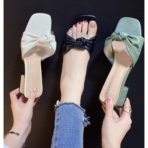 Large size 34-40 outer wear womens shoes summer new fashion open-toed mid-heel slippers bow sweet wild sandals