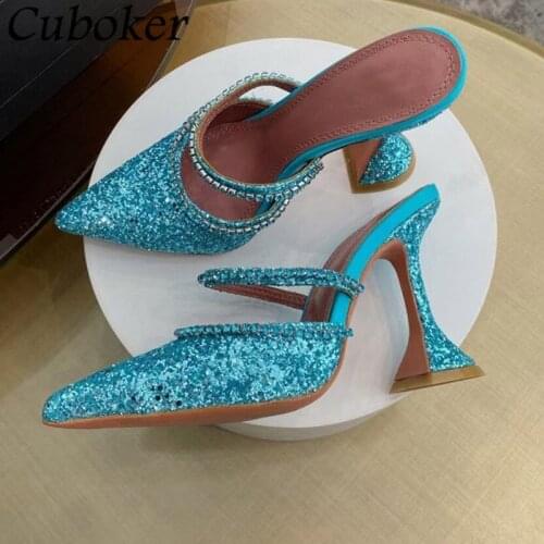 Brand Designer Cup Heel Women Sandals Pointed Toe Sequined Cloth Crystal Pumps Summer Ladies Party Dress Wedding Shoes For Women