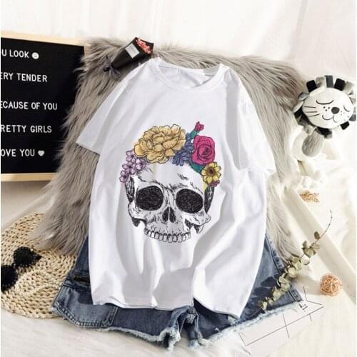 Women Soft Casual White T shirts Tops funny printed streetwear T-shirt Creative skeleton summer Regular T-shirt