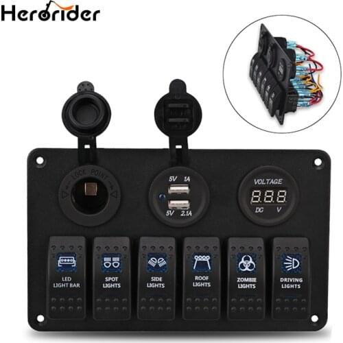 Herorider 12V 24V Car-styling Boat Yacht Marine 6 Gang Waterproof Car Marine LED Rocker Switch Panel Circuit Breakers