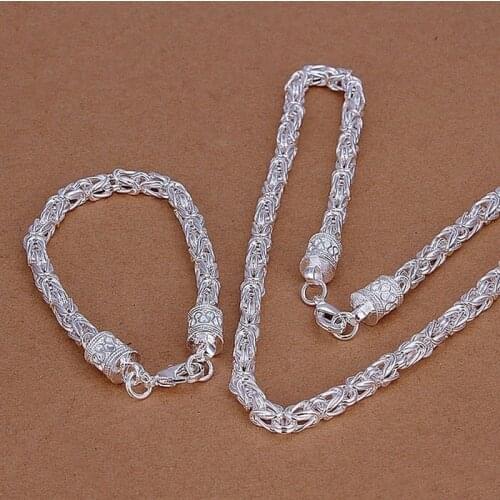 925 Sterling silver Christmas gifts European style retro geometric necklace bracelet fashion for men Women jewelry Set 20cm 45cm