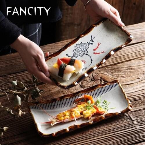 FANCITY Retro creative rectangular ceramic plate, sushi plate, cold dish, cooking plate