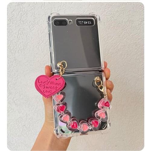 Creativity DIY Leather Charm Heart Bracelet Case For Samsung Galaxy Z Flip/ Flip 3 Love Portable Chain Shockproof Transparent