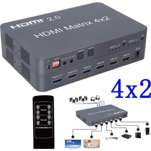 HDMI 2.0 Matrix 4x2 Scaler 4K 60Hz HDMI Switch Splitter Matrix support audio independent out by Optical or Stereo LPCM/Dolby/DTS