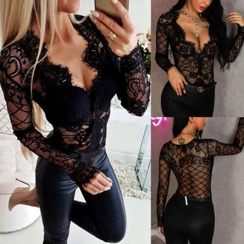Fashion Casuak Women Black Lace Sexy Long Sleeve Deep V Neck Jumpsuit Bodycon Bodysuit Leotard Romper T-Shirts Long Sleeve Tops