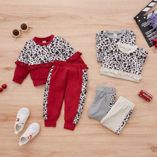 2021 Fashion Autumn Toddler Girls Leopard Print Clothes Set Contrast Color Long Sleeve Tops with Ruffle+Elastic Waist Trousers