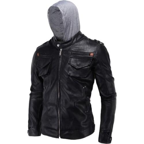 Mens leather jacket slim motorcycle coat pu jackets clothes personalized stand collar black hooded fashion Long sleeve zipper