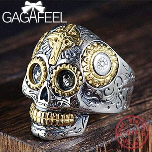 GAGAFEEL Real 100% 925 Sterling Silver Skeleton Rings for Men Male Punk Style Skull Ring Silver Jewelry Best Gift