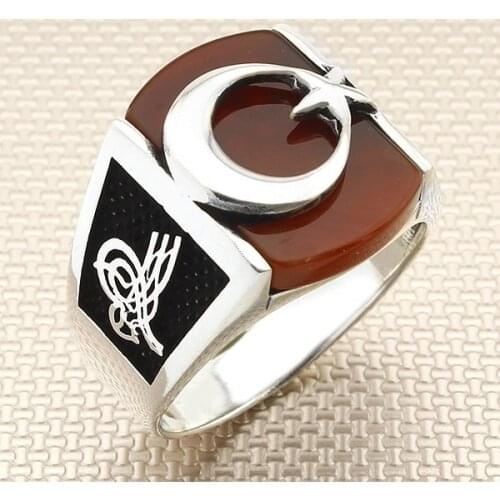 Rectangle Red Agate Stone Men Silver Ring With Turkish Flag Crescent Star and Ottoman Tugra Motif Solid 925 Sterling Silver