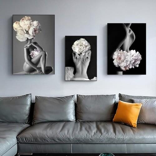 Nordic Flower Nude Women Picture Posters Decorative Wall Modern Black and White Wall Art Canvas Painting for Living Room Cuadros