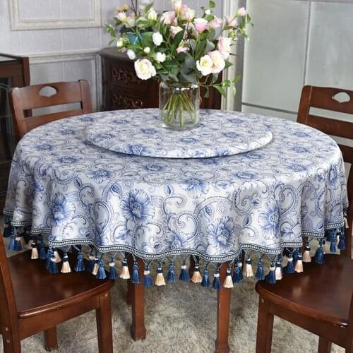 New Chinese-Style Large round Table Cloth Home Textile Tassel Lace Simple Style Blue Pattern High-End Tablecloth Customization