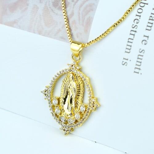 Holy Virgin Mary Pendant Necklace Religion Dainty Golden Christian Cubic Zircon Necklace Women Collier Femme Christian Jewelry