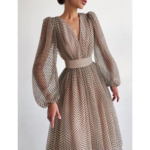 Elegants Women Sexy V-neck Party Dresses2021 Spring Best Selling Lady Lantern Sleeve Slim Waist Polka Dot Printing A-line Dress