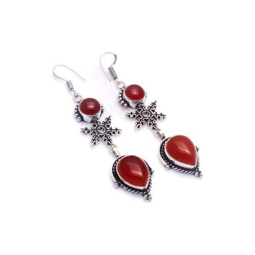 Genuine Carnelian Silver Overlay on Copper Earrings, 75 mm , E6118