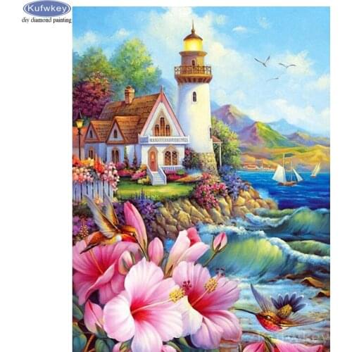 Full Square Round Diamond Embroidery Landscape lighthouse-rose 5D DIY Diamond Painting beach Diamond Mosaic rhinestone Pictures