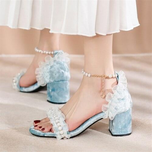 PXELENA Fairy Lace Ruffles String Beads Velvet Lolita Sandals Women Princess Dress Party Wedding Shoes 2021 Summer Med Heels 45