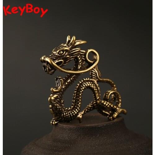 Retro Copper Chinese Zodiac Dragon Animal Car Keychain Keyring Charms Pendants Brass Mythical Beast Figurines Women Bag Hangings