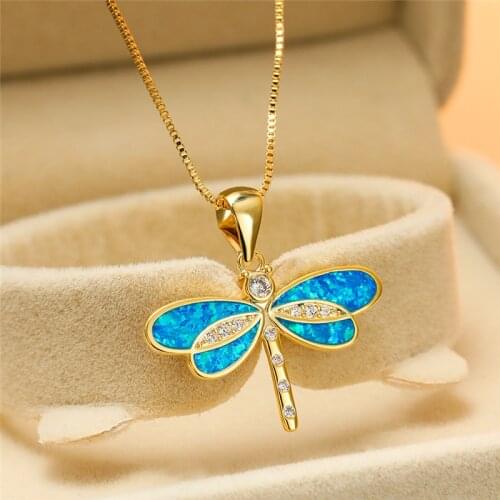 Luxury Female White Opal Pendant Necklace Charm Crystal Animal Chain Necklaces For Women Cute Gold Dragonfly Wedding Necklace