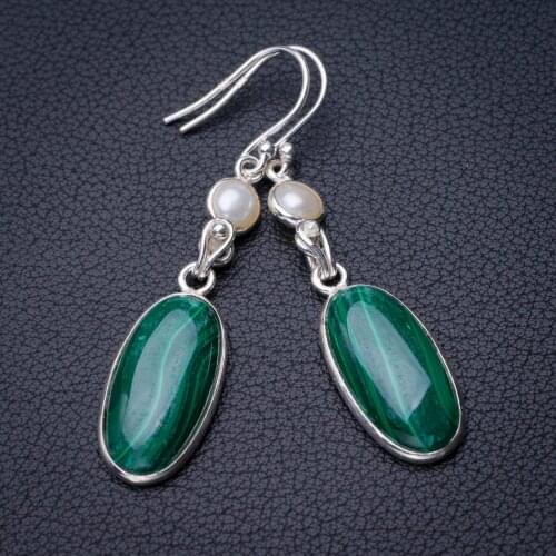 StarGems Natural Malachite And River Pearl Handmade 925 Sterling Silver Earrings 2" D7883
