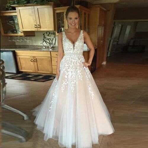 On Zhu Champagne Wedding Dress with Appliques Custom Made Size Beaded belt V-Back Floor Length Tulle Bridal Gowns