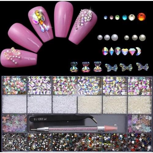Swarovsky 21 Grids Mix Combo Bling Box AB Rhinestone 11 Shapes Flatback Nail Rhinestone Kits Small Size Diamond And Pearl Set