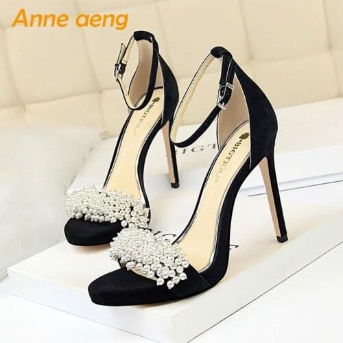 2019 New Summer Women Sandals High Thin Heel Buckle Pearl Fashion Sexy Office Ladies Women Shoes Black Female High Heels Sandals