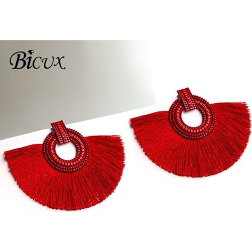 BICUX Fashion Bohemian Big Tassel Earrings Statement Red Tassel Vintage Silk Fabric Drop Dangle Earring for Women 2019 Jewelry