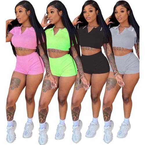 2021 Summer Women Set Solid Color Short Sleeve Tops and Shorts Active Tracksuit Women Two Piece Sets Outfits