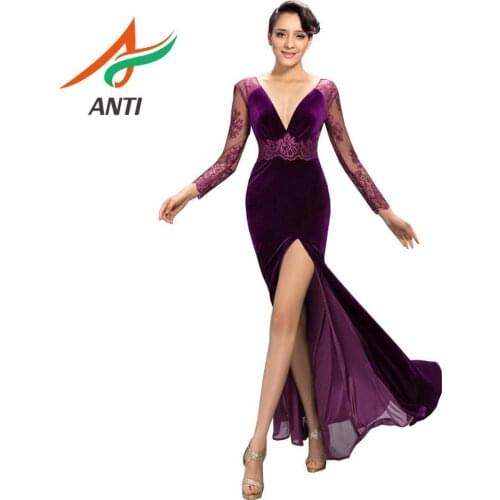 ANTI Sexy V neck Purple Long Evening Dress 2019 Lace Velour illussion Robe De Soire Long Sleeve A-Line Formal Party Gowns Abide