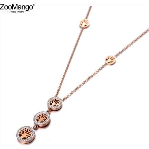 ZooMango Original Design Stainless Steel Tree Charm Choker Necklaces Bohemia CZ Crystal Pendant Necklace For Women Girls ZN20006