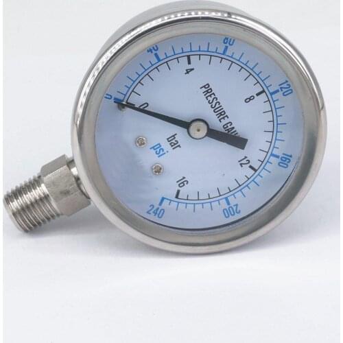 0-16bar 1/4" NPT Male 60mm Dial Pressure Gauge 304 Stainless Bar PSI N2 Steam Brewing Pneumatic Air Gas Water Fuel