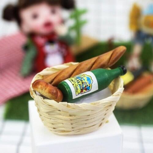 1/12 Dollhouse Food Play Mini Champagne Bottle Bread Basket Model Toy DIY Gift