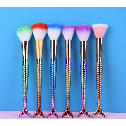1pcs Mermaid Single Makeup Brush Fan cosmetic tool highlight Gradient colorful long fishtail handle bronzer sculpting beauty
