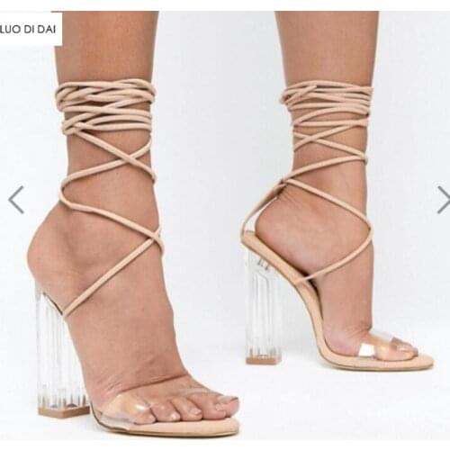 2020 fashion women party shoes PVC sandals wedding shoes lace up sandals crystal heel open toe gladiator sandals clear heel