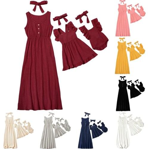 2021 Fashion Summer Dress Mommy And Me Sleeveless Romper Maxi Dresses Headband Family Matching Set Kids Clothing платье летнее