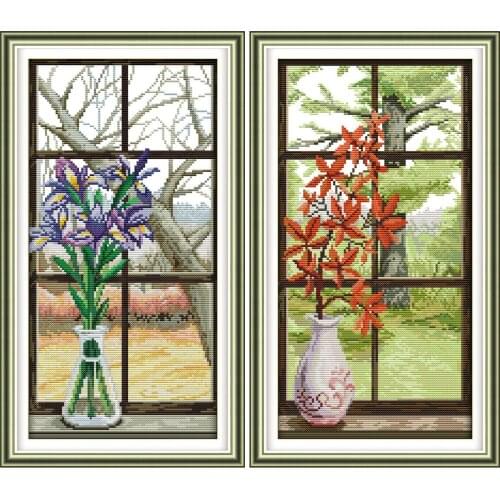 Free shopping Window flower Red leaves/Lily Cross Stitch Kits Printed patterns canvas Embroidery Needlework set Easy Handmade