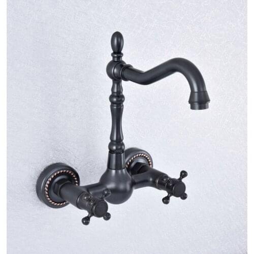 Oil Rubbed Bronze Dual Cross Handles Wall Mounted Hot & Cold Bathroom Kitchen Basin Sink Swivel Faucet Mixer Tap zsf727
