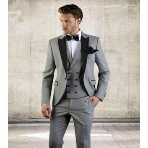 Formal Light Grey Men Suit Slim Fit Jacket Tailor Business Tuxedo Custom Made Blazer Wedding Groom Suit 3pcs(Jacket+Pants+Vest)