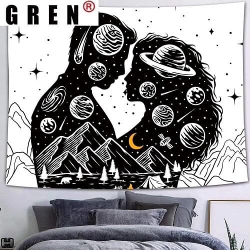 GREN Gothic Skull Tapestry Starry Sky Moon Stars Black And White Mountain Romantic Constellation Wall Hanging Blanket Home Decor