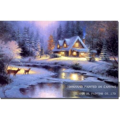 Free Shipping Artist Pure Hand-painted Beautiful Winter Scenery Oil Painting on Canvas Quiet Christmas Night Oil Painting